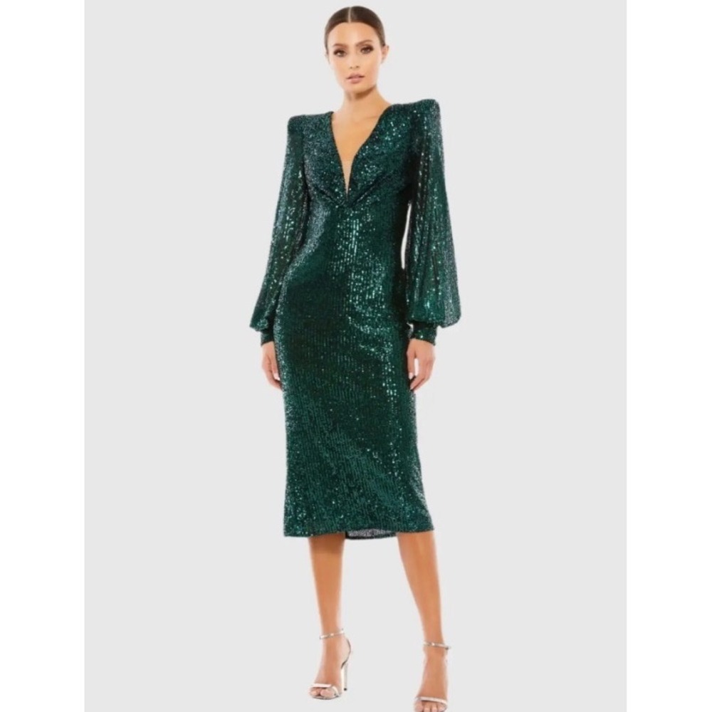 IEENA for Mac Duggal Green Sequin V-Neck Midi Dress Long Sleeve Emerald Size 6